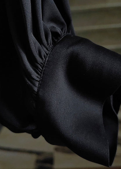 French Black O-Neck Floral Embroideried Patchwork Silk Tops Spring