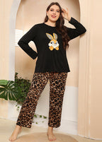 French Black O-Neck Leopard Print Patchwork Tops And Pants Cotton Two Pieces Set Fall