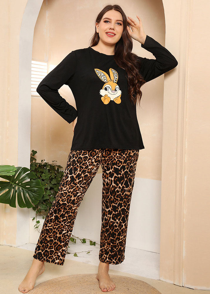 French Black O-Neck Leopard Print Patchwork Tops And Pants Cotton Two Pieces Set Fall