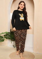 French Black O-Neck Leopard Print Patchwork Tops And Pants Cotton Two Pieces Set Fall