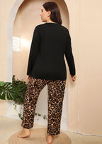 French Black O-Neck Leopard Print Patchwork Tops And Pants Cotton Two Pieces Set Fall