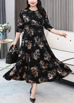 French Black O Neck Print Pockets Cotton Long Dress Long Sleeve