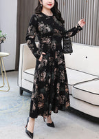 French Black O Neck Print Pockets Cotton Long Dress Long Sleeve