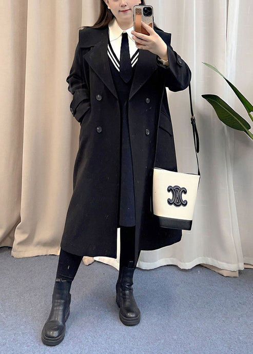 French Black Oversized Double Breast Spandex Trench Coat Fall