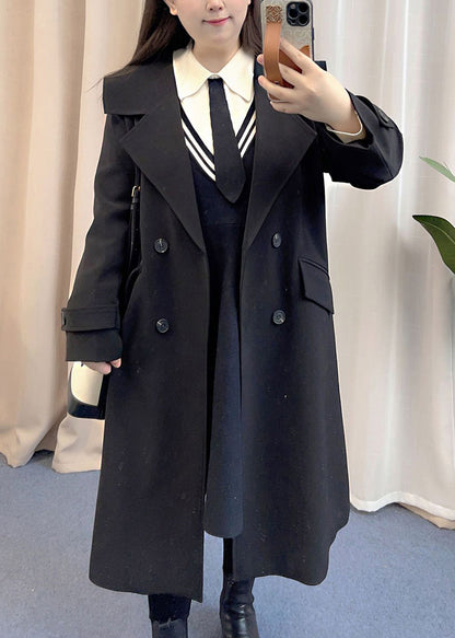 French Black Oversized Double Breast Spandex Trench Coat Fall