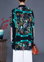 French Black Oversized Print Silk Shirt Top Summer