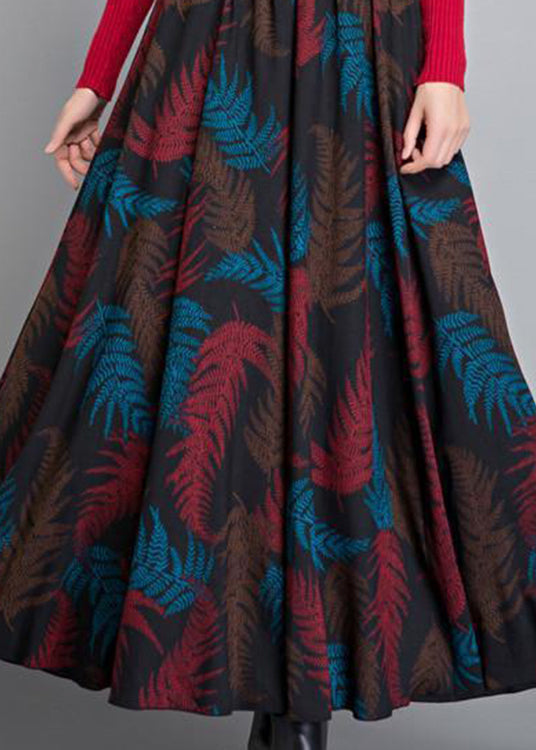 French Black Print Circle Thick A Line Fall Winter Skirts