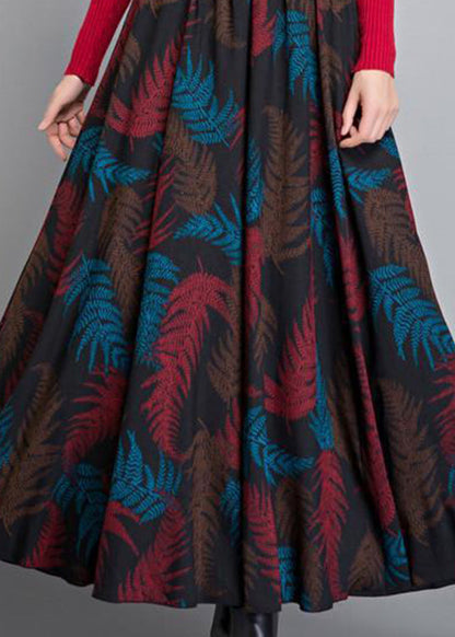 French Black Print Circle Thick A Line Fall Winter Skirts