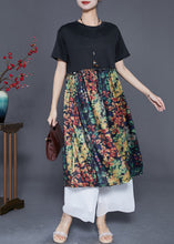 Load image into Gallery viewer, French Black Ruffled Patchwork Print Silk Dress Summer