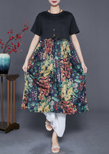 Load image into Gallery viewer, French Black Ruffled Patchwork Print Silk Dress Summer