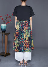 Load image into Gallery viewer, French Black Ruffled Patchwork Print Silk Dress Summer