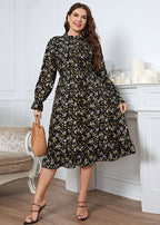 French Black Ruffled Print Patchwork Chiffon Dress Flare Sleeve