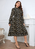French Black Ruffled Print Patchwork Chiffon Dress Flare Sleeve