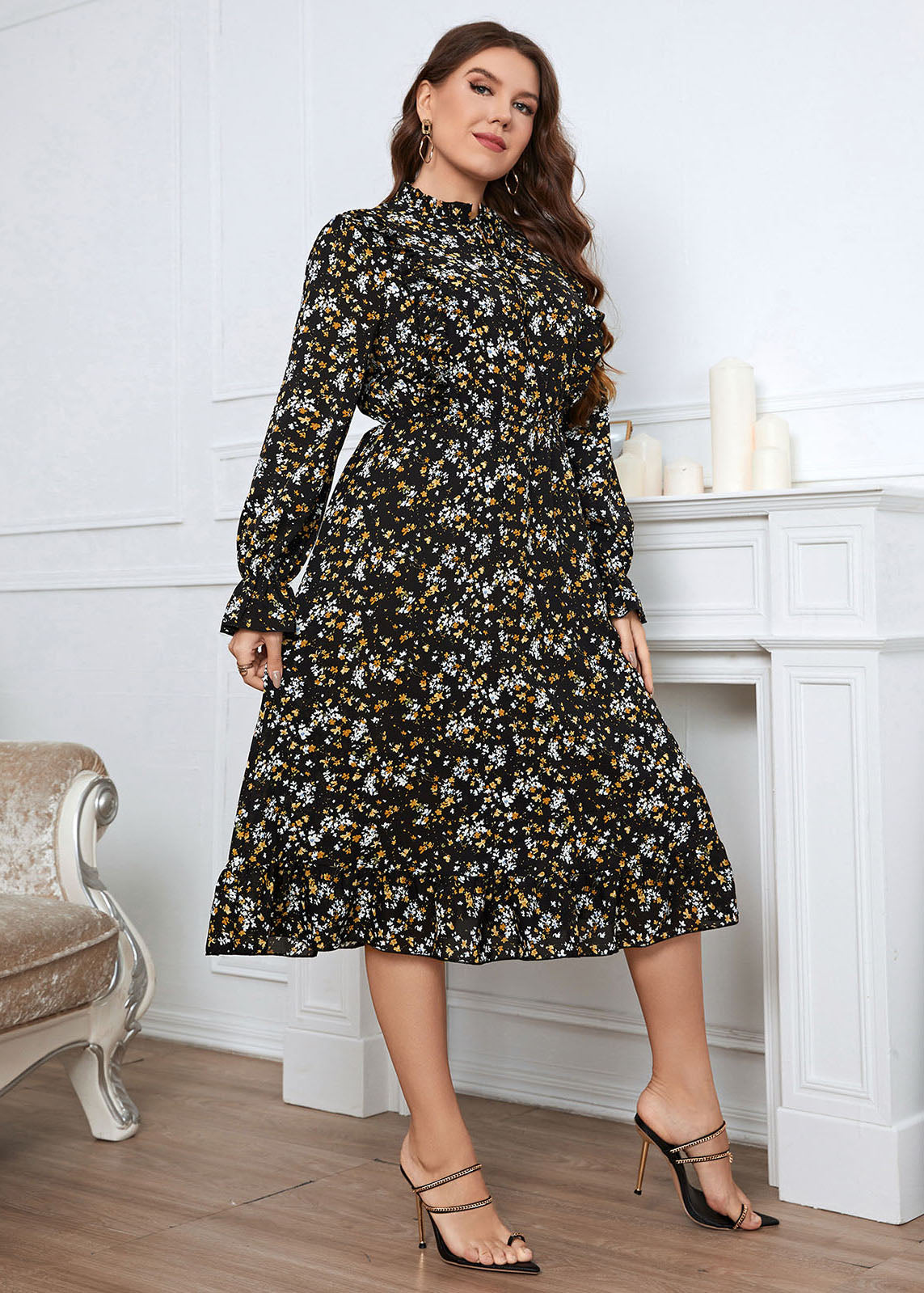 French Black Ruffled Print Patchwork Chiffon Dress Flare Sleeve