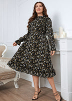 French Black Ruffled Print Patchwork Chiffon Dress Flare Sleeve