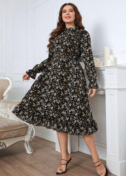 French Black Ruffled Print Patchwork Chiffon Dress Flare Sleeve