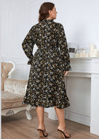 French Black Ruffled Print Patchwork Chiffon Dress Flare Sleeve