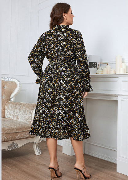 French Black Ruffled Print Patchwork Chiffon Dress Flare Sleeve