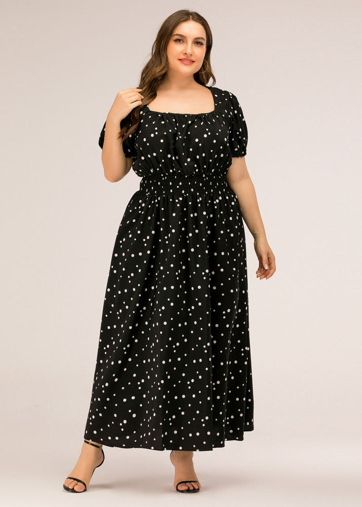 French Black Square Collar Print Chiffon Long Dresses Puff Sleeve