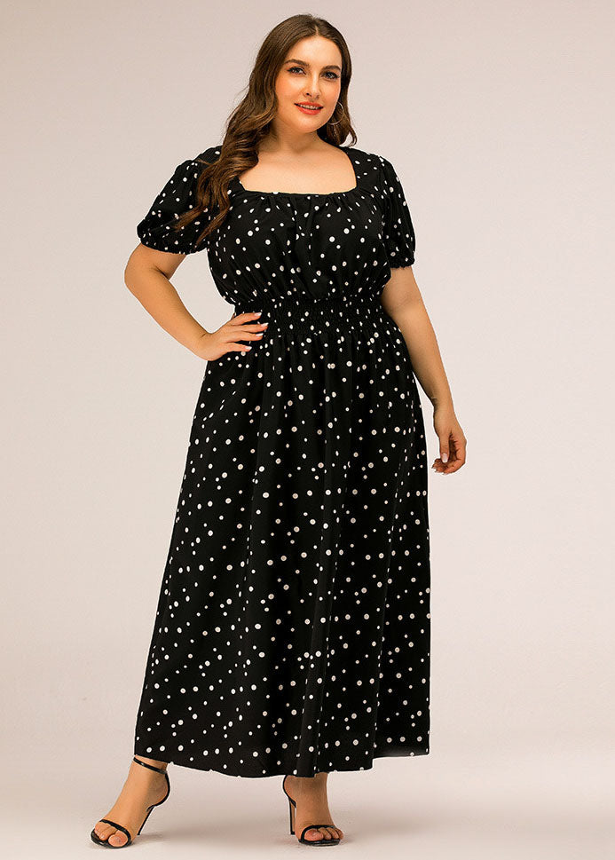 French Black Square Collar Print Chiffon Long Dresses Puff Sleeve