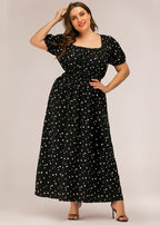 French Black Square Collar Print Chiffon Long Dresses Puff Sleeve