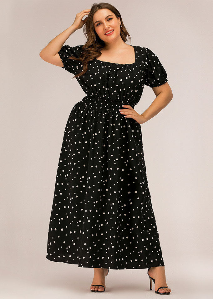 French Black Square Collar Print Chiffon Long Dresses Puff Sleeve