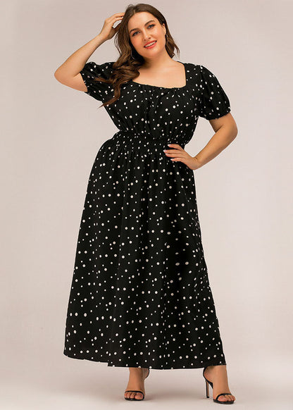 French Black Square Collar Print Chiffon Long Dresses Puff Sleeve