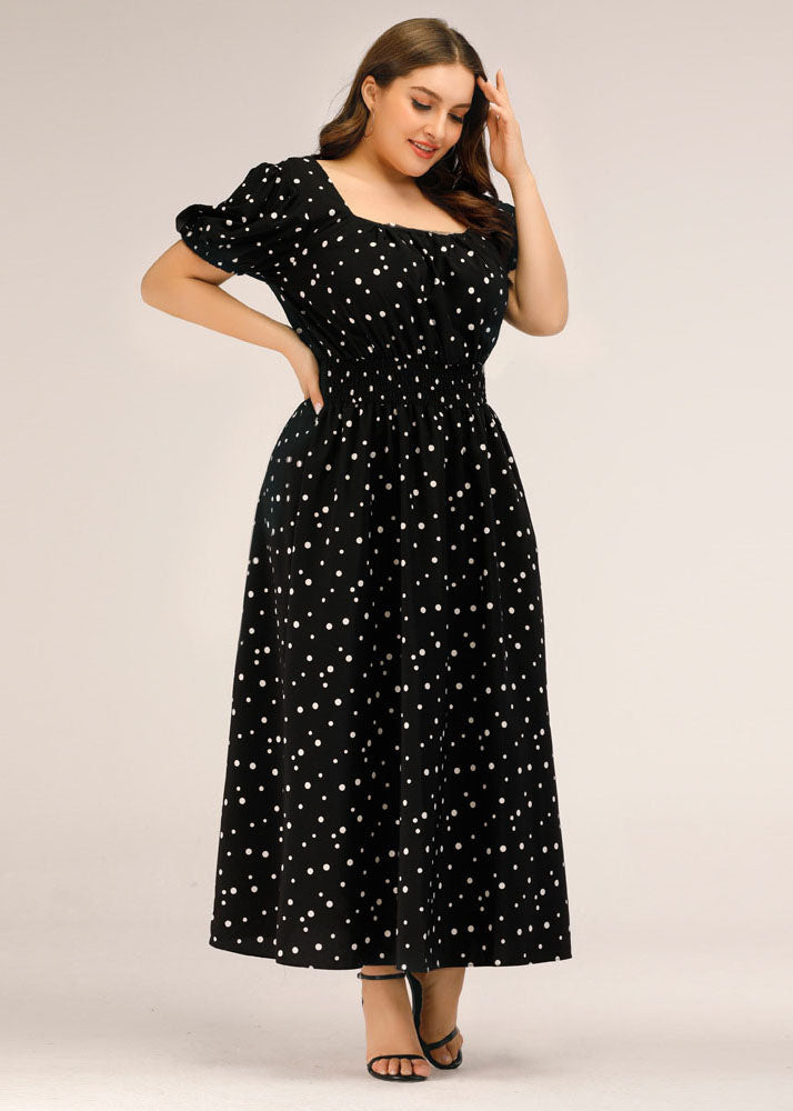 French Black Square Collar Print Chiffon Long Dresses Puff Sleeve