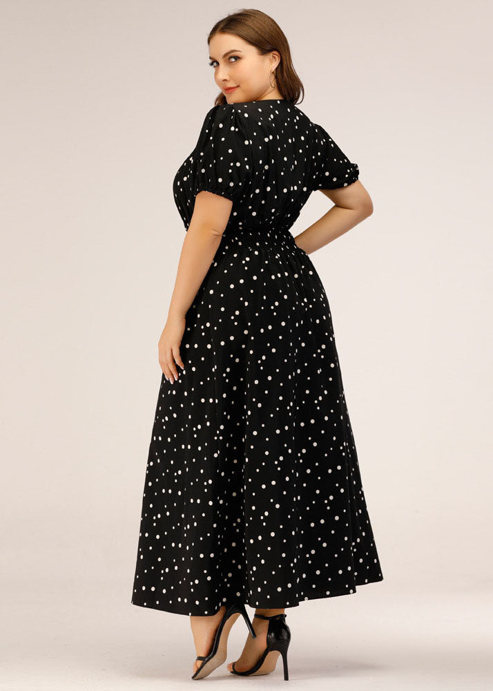 French Black Square Collar Print Chiffon Long Dresses Puff Sleeve