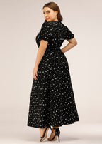 French Black Square Collar Print Chiffon Long Dresses Puff Sleeve