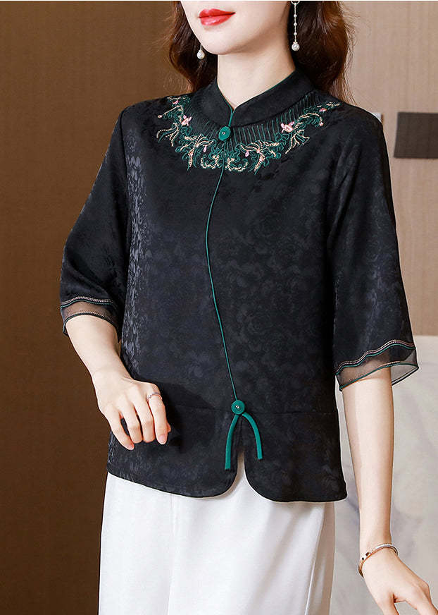 French Black Stand Collar Embroideried Patchwork Silk Shirt Tops Half Sleeve