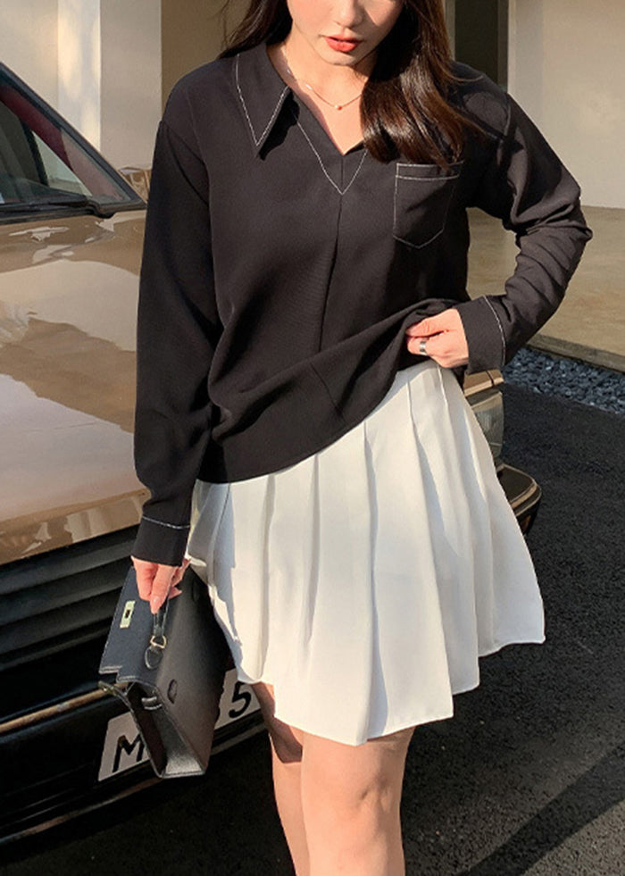 French Black V Neck Draping Spandex Shirt Top Fall