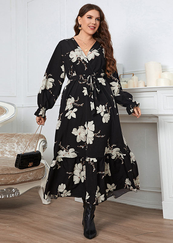 French Black V Neck Print Patchwork Chiffon Maxi Dresses Long Sleeve