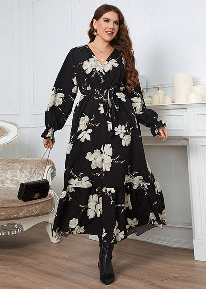 French Black V Neck Print Patchwork Chiffon Maxi Dresses Long Sleeve