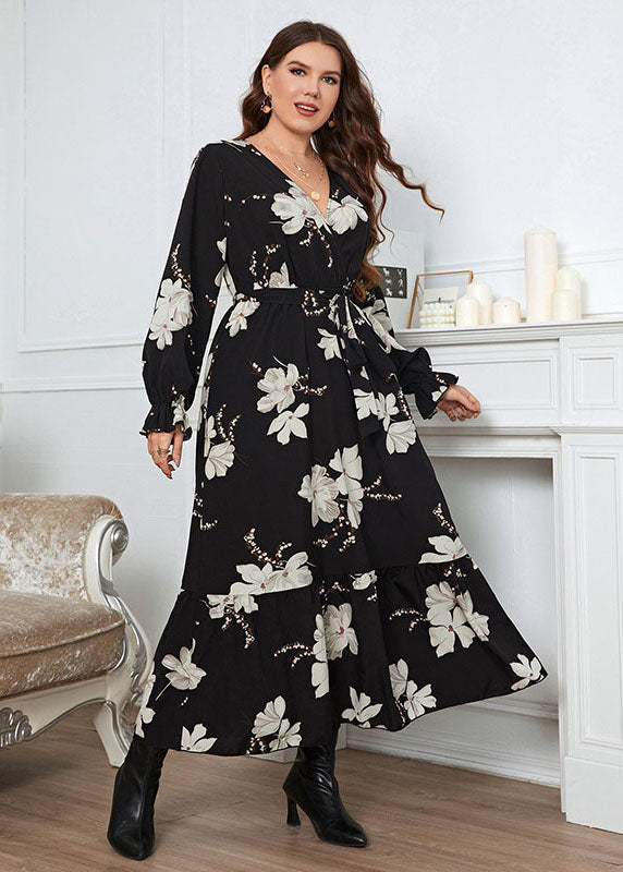 French Black V Neck Print Patchwork Chiffon Maxi Dresses Long Sleeve