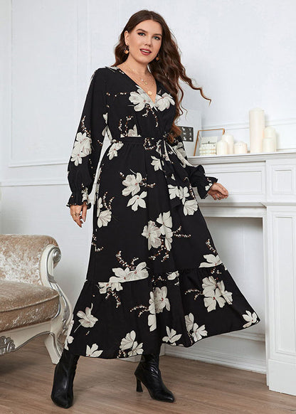 French Black V Neck Print Patchwork Chiffon Maxi Dresses Long Sleeve