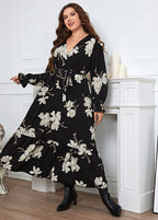 French Black V Neck Print Patchwork Chiffon Maxi Dresses Long Sleeve