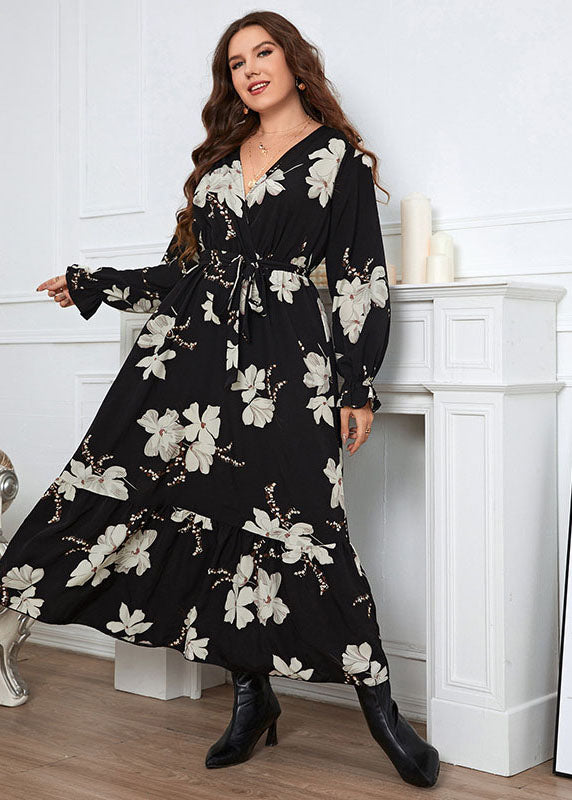 French Black V Neck Print Patchwork Chiffon Maxi Dresses Long Sleeve