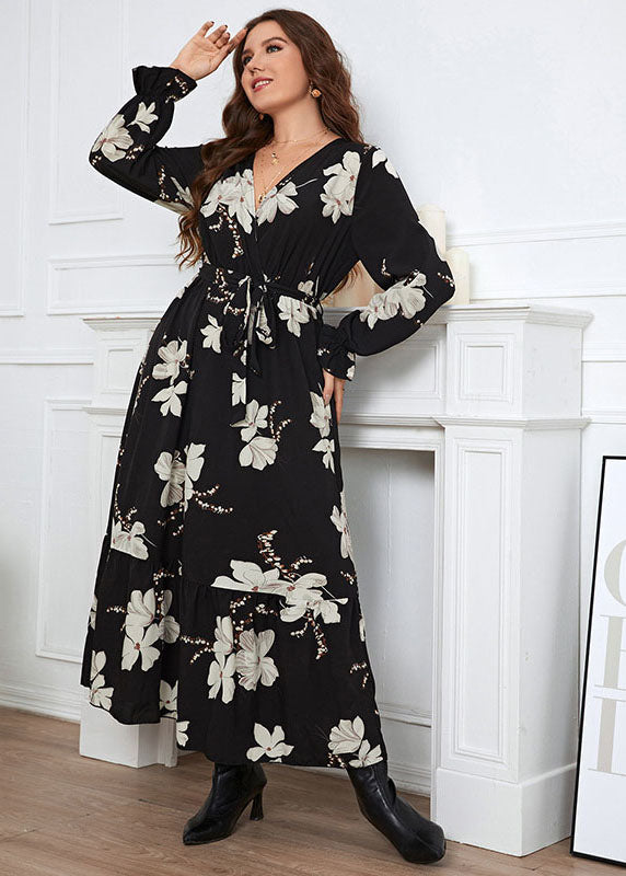 French Black V Neck Print Patchwork Chiffon Maxi Dresses Long Sleeve