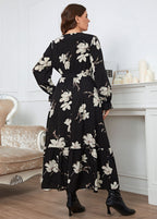 French Black V Neck Print Patchwork Chiffon Maxi Dresses Long Sleeve