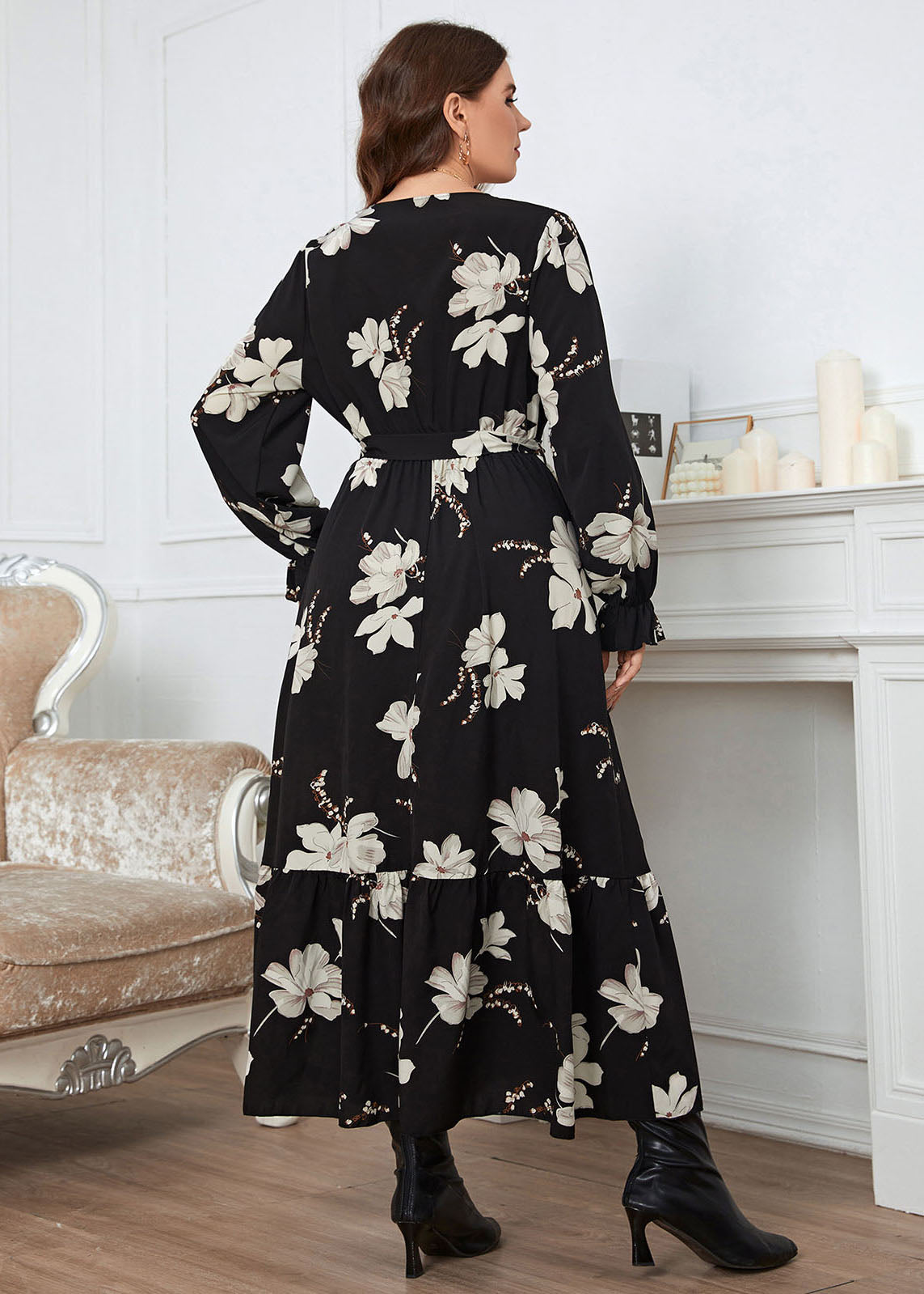 French Black V Neck Print Patchwork Chiffon Maxi Dresses Long Sleeve