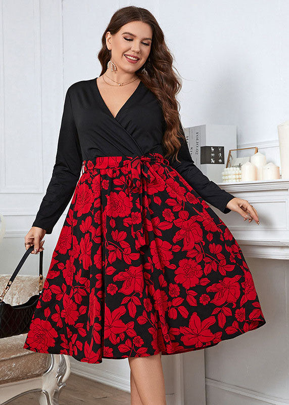 French Black V Neck Print Tie Waist Patchwork Cotton Dresses Fall