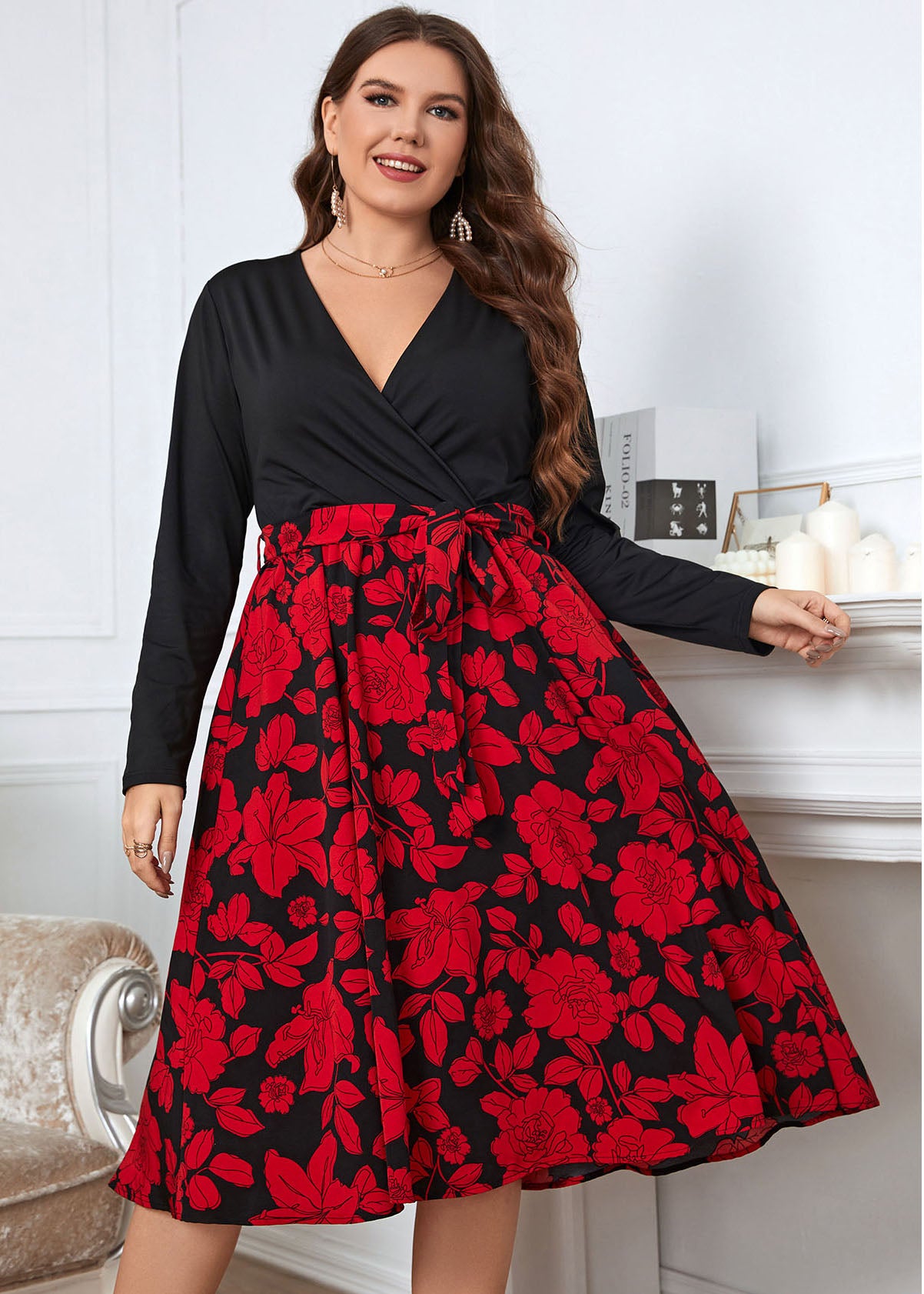 French Black V Neck Print Tie Waist Patchwork Cotton Dresses Fall