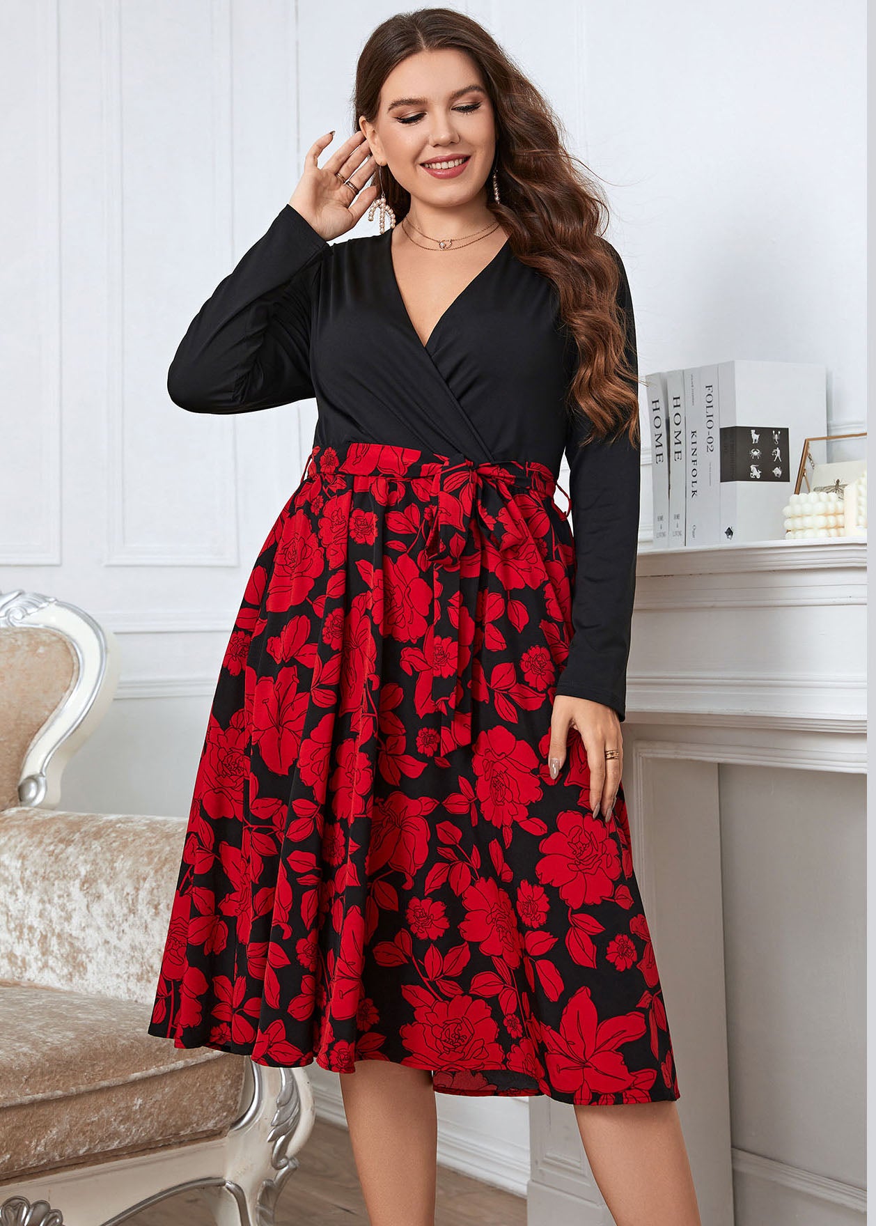 French Black V Neck Print Tie Waist Patchwork Cotton Dresses Fall