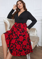 French Black V Neck Print Tie Waist Patchwork Cotton Dresses Fall