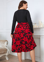 French Black V Neck Print Tie Waist Patchwork Cotton Dresses Fall