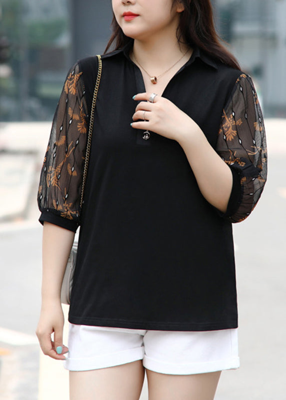 French Black V Neck Print Tulle Patchwork Cotton Shirt Bracelet Sleeve