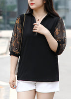 French Black V Neck Print Tulle Patchwork Cotton Shirt Bracelet Sleeve