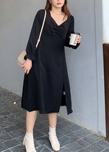 Load image into Gallery viewer, French Black V Neck Wrinkled Side Open Spandex Dresses Fall
