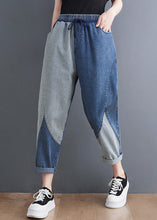 Load image into Gallery viewer, French Blue Asymmetrical Patchwork Drawstring Elastic Waist Denim Crop Pants Spring